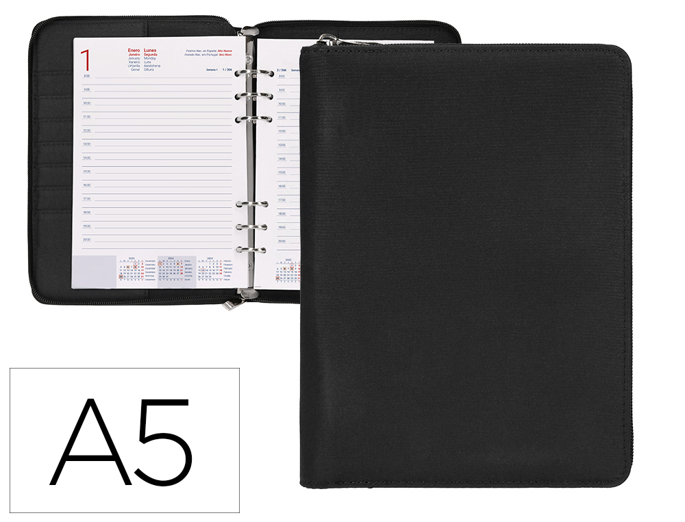 AGENDA ANILLAS LIDERPAPEL TARENTO 15X21 CM 2024 DIA PAGINA NYLON COLOR NEGRO PAPEL 70GR