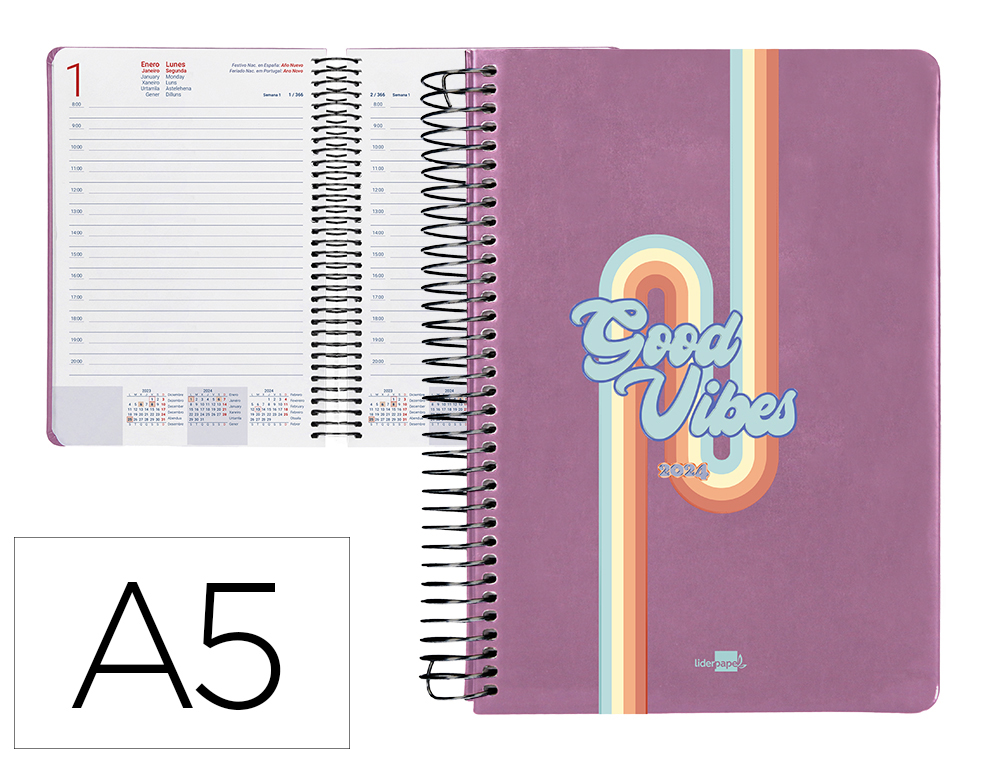 AGENDA ESPIRAL LIDERPAPEL ZANTE 15X21 CM 2024 DIA PAGINACOLOR MALVA PAPEL 70 GR