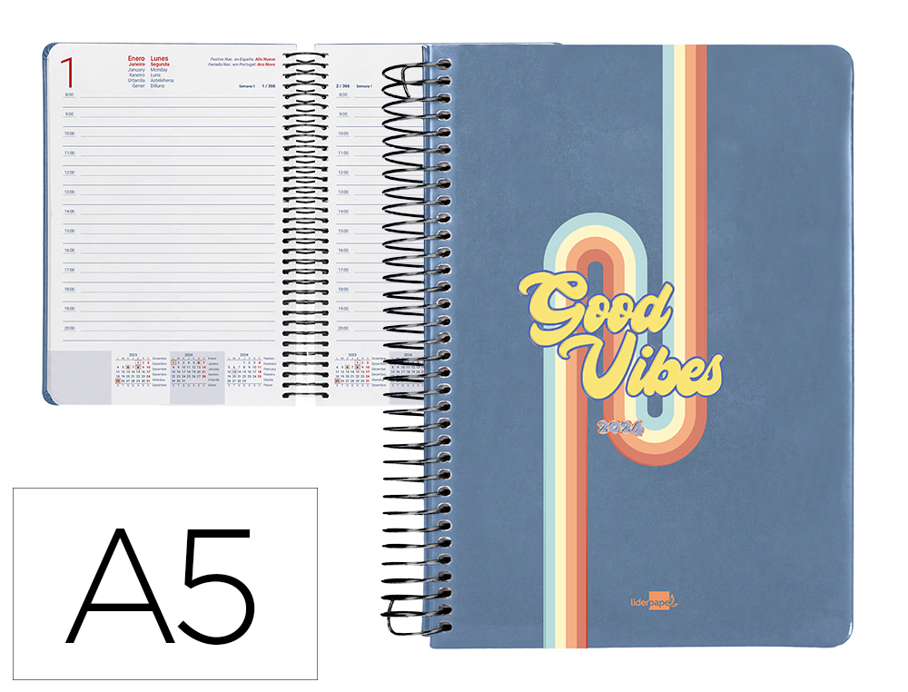 AGENDA ESPIRAL LIDERPAPEL ZANTE 15X21 CM 2024 DIA PAGINACOLOR AZUL PAPEL 70 GR