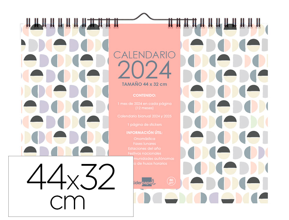 CALENDARIO ESPIRAL PARED LIDERPAPEL JOVEN 2024 NUMEROS GRANDES 44X32 CM PAPEL 80 GR CON PEGATINAS