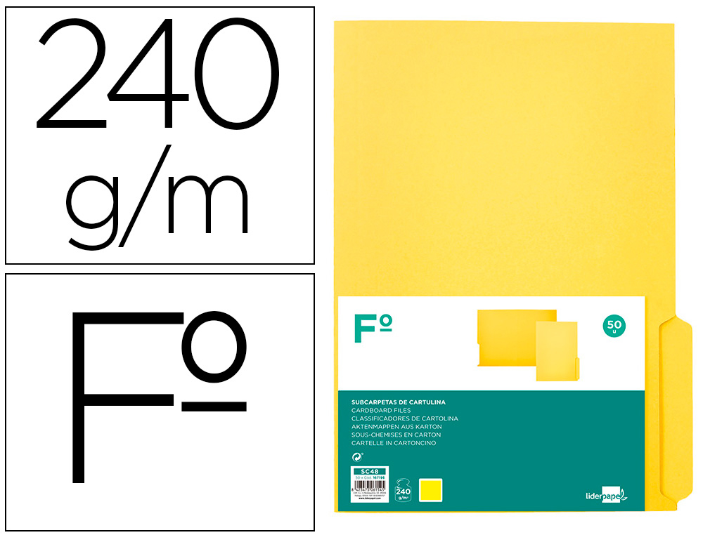 SUBCARPETA CARTULINA LIDERPAPEL FOLIO PESTAA INFERIOR 240G/M2 COLOR AMARILLO