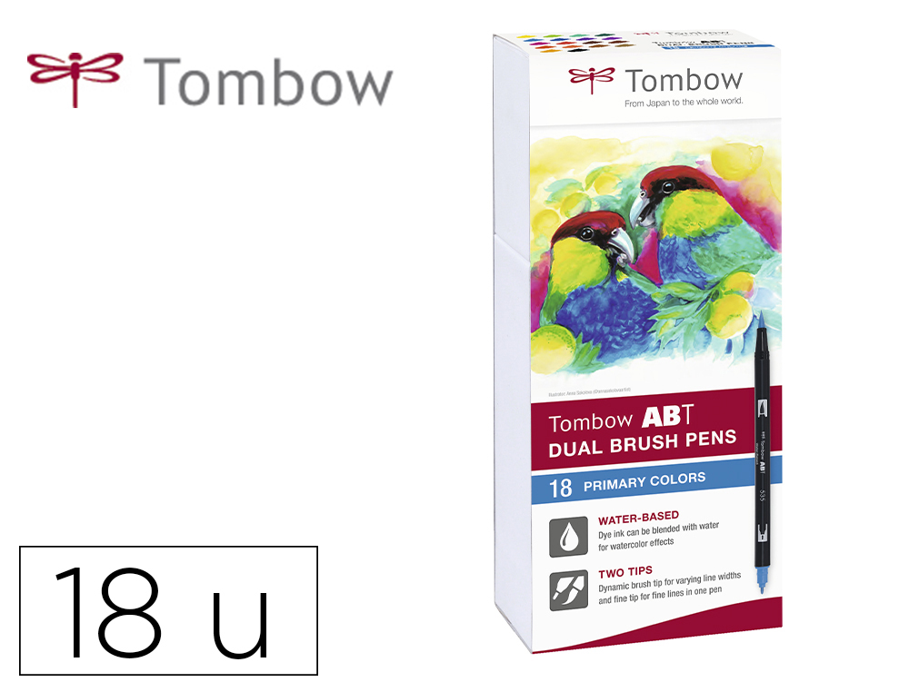 ROTULADOR TOMBOW DUAL BRUSH DOBLE PUNTA PINCEL COLORES PRIMARIOS ESTUCHE DE 18 UNIDADES COLORES SURTIDOS