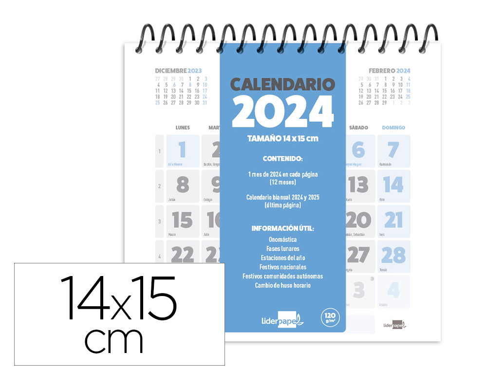 CALENDARIO ESPIRAL TRIANGULAR LIDERPAPEL DE SOBREMESA SERIE CLASICO 2024 15X14 CM PAPEL 120 GR
