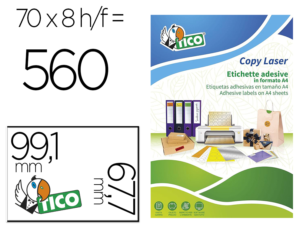 ETIQUETA ADHESIVA TICO AMARILLO FLUOR PERMANENTE FSC LASER/INKJET/FOTOCOPIA 99,1X 67,7 MM CAJA DE 560 UNIDADES