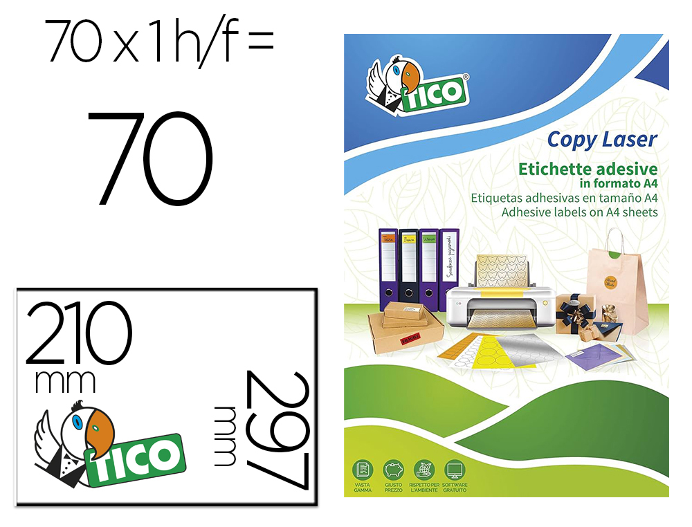 ETIQUETA ADHESIVA TICO AMARILLO FLUOR PERMANENTE FSC LASER/INKJET/FOTOCOPIA 210X297 MM CAJA DE 70 UNIDADES