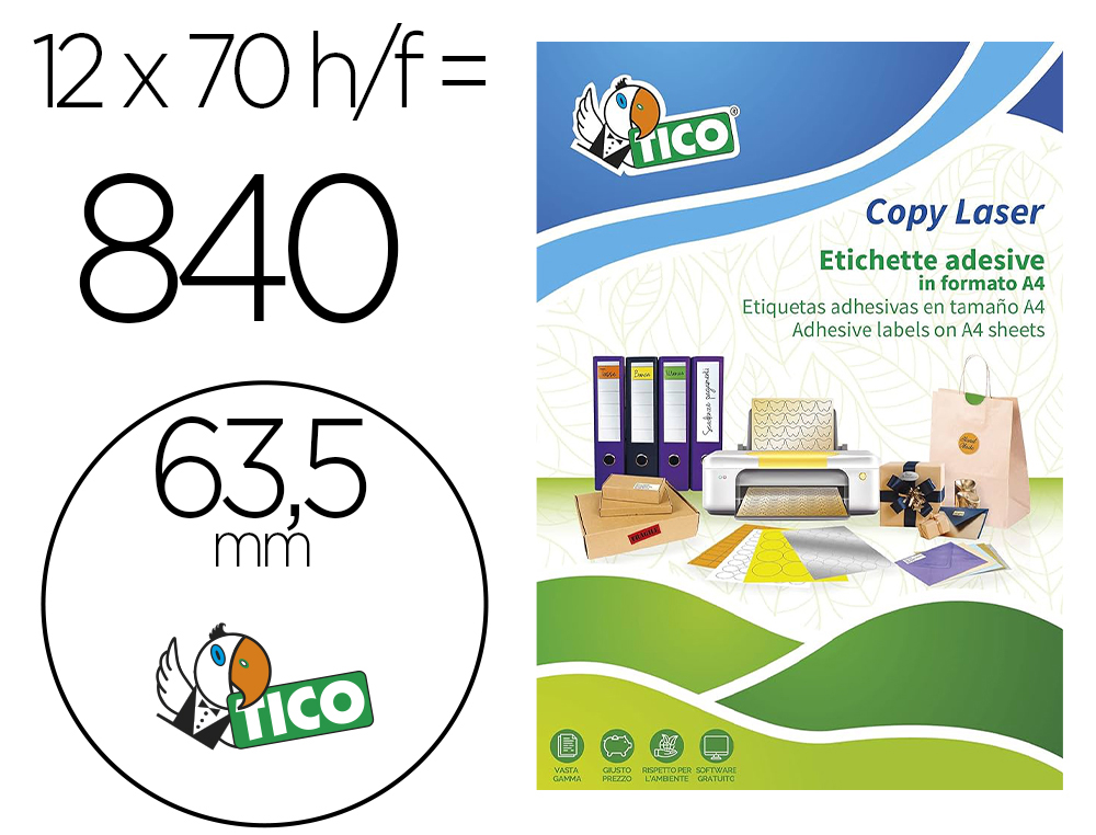 ETIQUETA ADHESIVA TICO AMARILLO FLUOR PERMANENTE FSC LASER/INKJET/FOTOCOPIA REDONDA 63,5 MM CAJA DE 840 UNIDADES