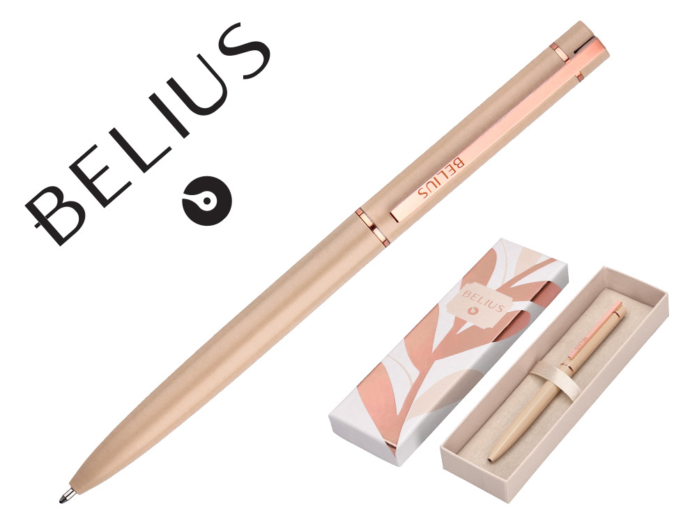 BOLIGRAFO BELIUS ROSE ALUMINIO COLOR BEIGE CLARO ORO ROSA TINTA AZUL CAJA DE DISEO