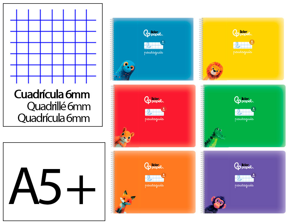 LIBRETA LIDERPAPEL PAUTAGUIA TAPA CARTONCILLO 32H DIN A5+ 75GR CUADRICULADO PAUTADO 6MM APAISADA CON MARGEN 6 COLORES