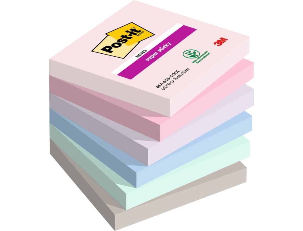 BLOC DE NOTAS ADHESIVAS QUITA Y PON POST IT SUPER STICKY CARNIVAL 100% PEFC 76X127 MM PACK DE 6 BLOCS COLORES