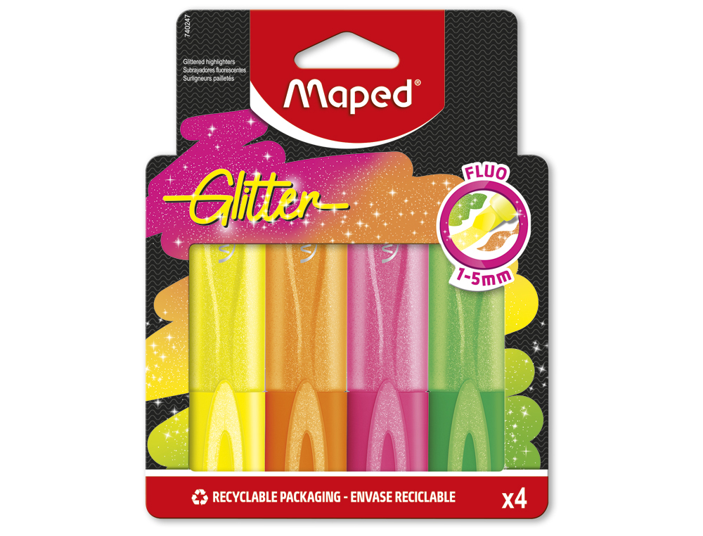 ROTULADOR MAPED FLUORESCENTE GLITTER BLISTER DE 4 UNIDADES COLORES SURTIDOS