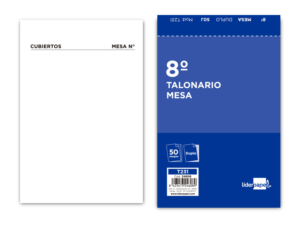 TALONARIO LIDERPAPEL CAMARERO 8 ORIGINAL Y COPIA T231 PAPEL AUTOCOPIANTE