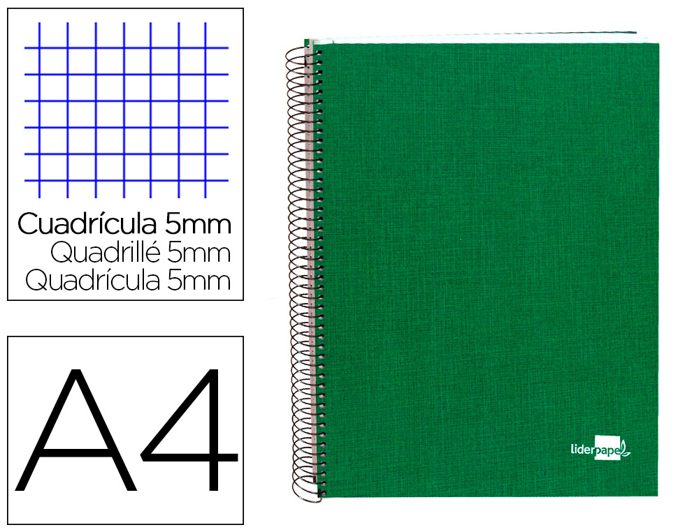 CUADERNO ESPIRAL LIDERPAPEL A4 MICRO PAPERCOAT TAPA FORRADA 140H 75 GR CUADRO5MM 5 BANDAS 4 TALADROS VERDE