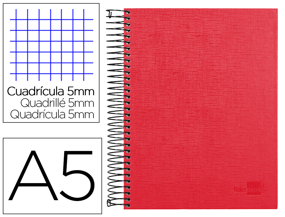 CUADERNO ESPIRAL LIDERPAPEL A5 MICRO PAPERCOAT TAPA FORRADA 140H 75 GR CUADRO5MM 5 BANDAS 6 TALADROS ROJO