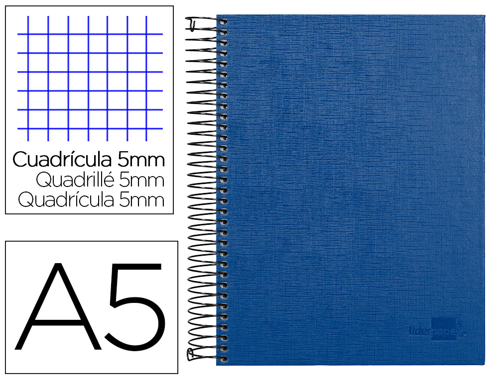 CUADERNO ESPIRAL LIDERPAPEL A5 MICRO PAPERCOAT TAPA FORRADA 140H 75 GR CUADRO5MM 5 BANDAS 6 TALADROS AZUL