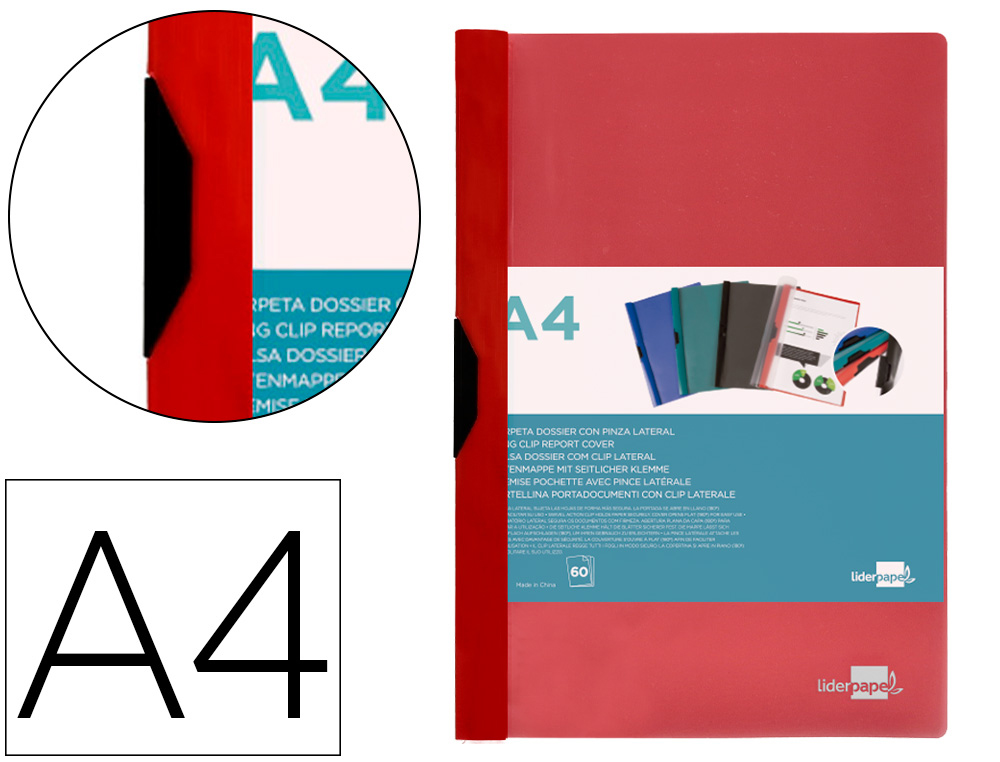 CARPETA LIDERPAPEL DOSSIER PINZA LATERAL 45320 POLIPROPILENO DIN A4 ROJO 60 HOJAS PINZA DESLIZANTE