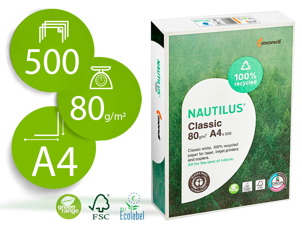 PAPEL FOTOCOPIADORA NAUTILUS DIN A4 80 GRAMOS -PAQUETE DE 500 HOJAS 100% RECICLADO