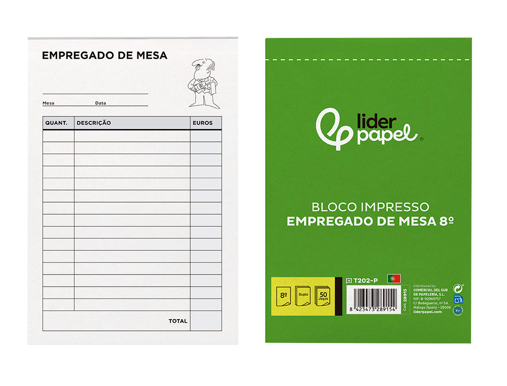 TALONARIO LIDERPAPEL CAMARERO OCTAVO -SIN IVA- 202 DUPLICADO-TEXTO EN PORTUGUES