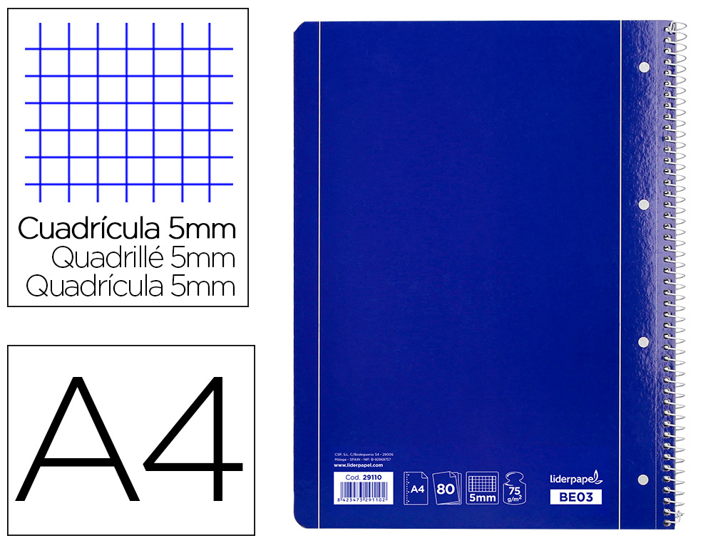 CUADERNO ESPIRAL LIDERPAPEL A4 MICRO SERIE AZUL TAPA BLANDA 80H 80 GR CUADRO5MM CON MARGEN 4 TALADROS AZUL