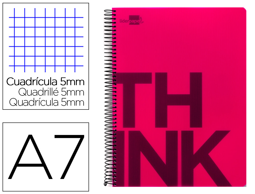 CUADERNO ESPIRAL LIDERPAPEL A7 MICRO THINK TAPA PLASTICO 100H 70G CUADRO 5MM 4 BANDAS ROSA