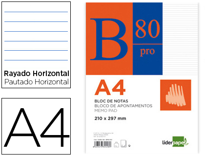 BLOC NOTAS LIDERPAPEL HORIZONTAL A4 80 HOJAS 60G/M2 ENCOLADO