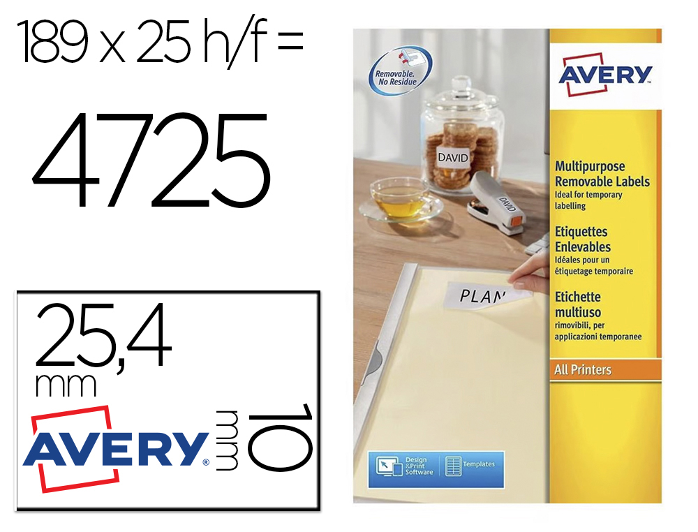 ETIQUETA ADHESIVA AVERY TAMAO 25,4X10 MM REMOVIBLE PAQUETE DE 25 HOJAS ESPECIAL CODIGOS DE BARRAS