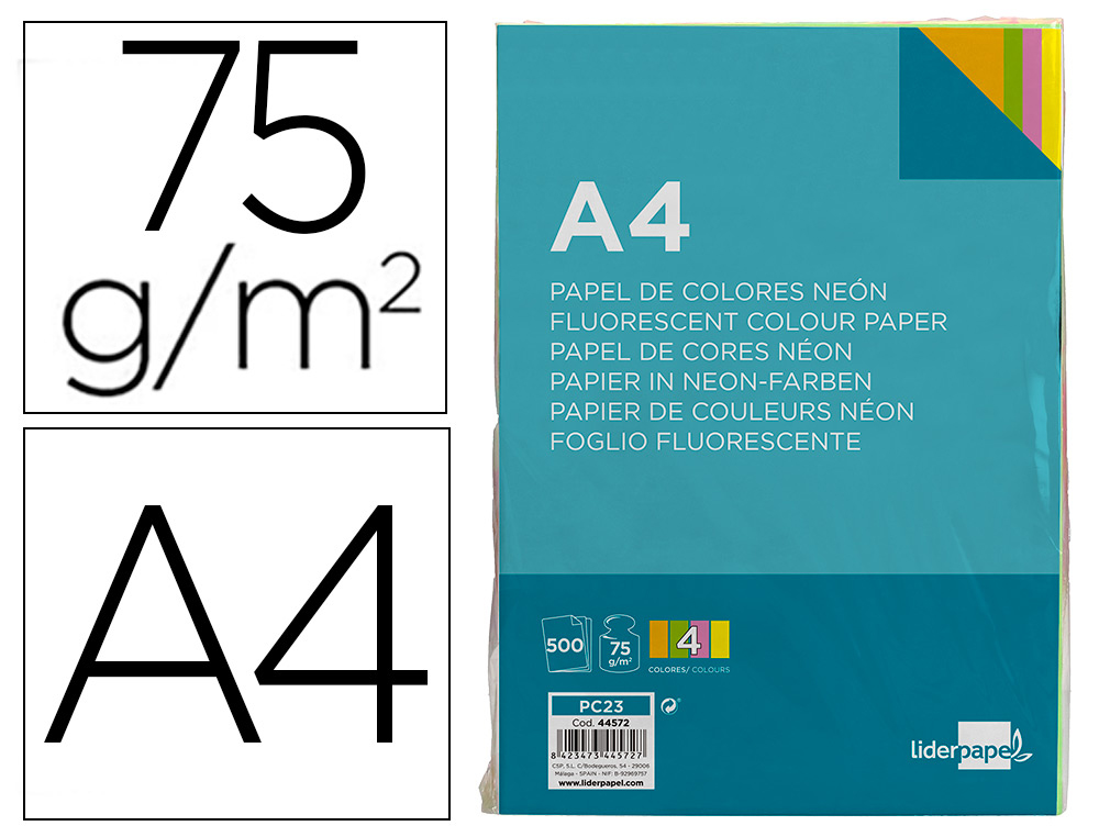 PAPEL COLOR LIDERPAPEL A4 75G/M2 NEON 4 COLORES SURTIDOS PAQUETE DE 500 HOJAS