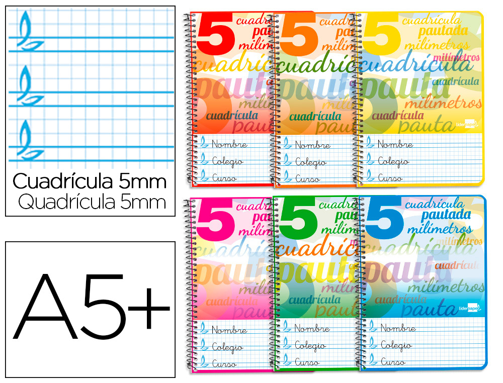 CUADERNO ESPIRAL LIDERPAPEL CUARTO PAUTAGUIA TAPA BLANDA 40H 75 GR CUADRO PAUTADO 5MM COLORES SURTIDOS