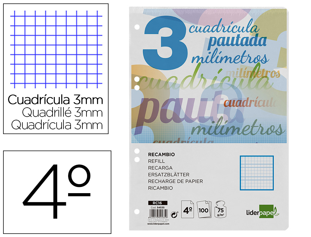 RECAMBIO LIDERPAPEL CUARTO PAUTAGUIA 100 HOJAS 75 G CUADRICULADO PAUTADO 3 MM CON MARGEN 6 TALADROS