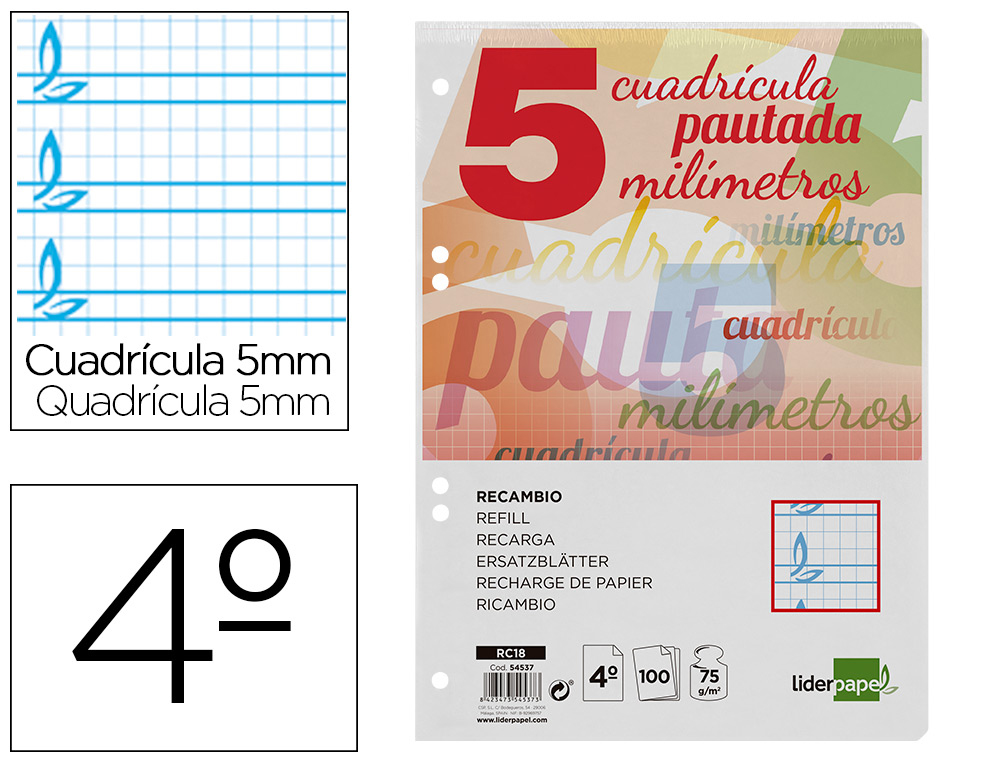 RECAMBIO LIDERPAPEL CUARTO PAUTAGUIA 100 HOJAS 75 G CUADRICULADO PAUTADO 5 MM CON MARGEN 6 TALADROS