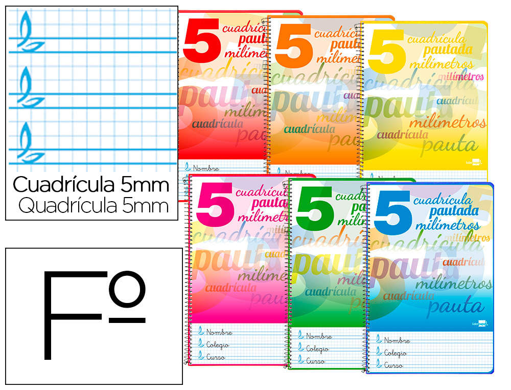 CUADERNO ESPIRAL LIDERPAPEL FOLIO PAUTAGUIA TAPA DURA 80H 75 GR CUADRO PAUTADO 5MMCON MARGEN COLORES SURTIDOS