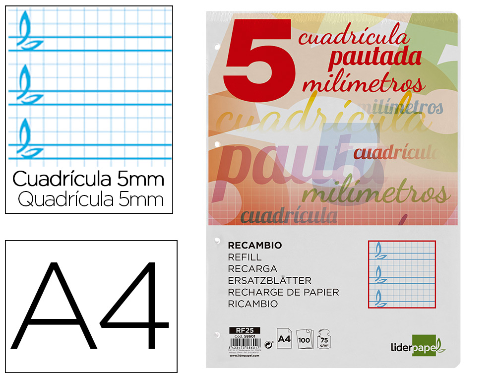 RECAMBIO LIDERPAPEL FOLIO PAUTAGUIA 100 HOJAS 75 G CUADRICULADO PAUTADO 5 MM CON MARGEN 4 TALADROS