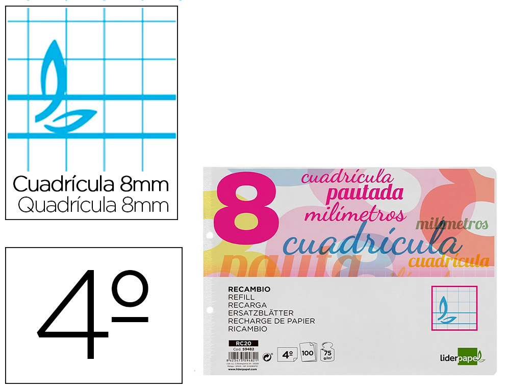 RECAMBIO LIDERPAPEL CUARTO PAUTAGUIA 100 HOJAS 75 G CUADRICULADO PAUTADO 8 MM CON MARGEN 2 TALADROS APAISADO