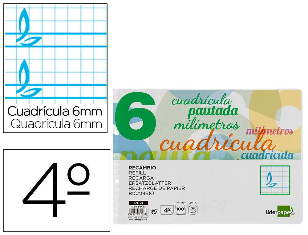 RECAMBIO LIDERPAPEL CUARTO PAUTAGUIA 100 HOJAS 75 G CUADRICULADO PAUTADO 6 MM CON MARGEN 2 TALADROS APAISADO