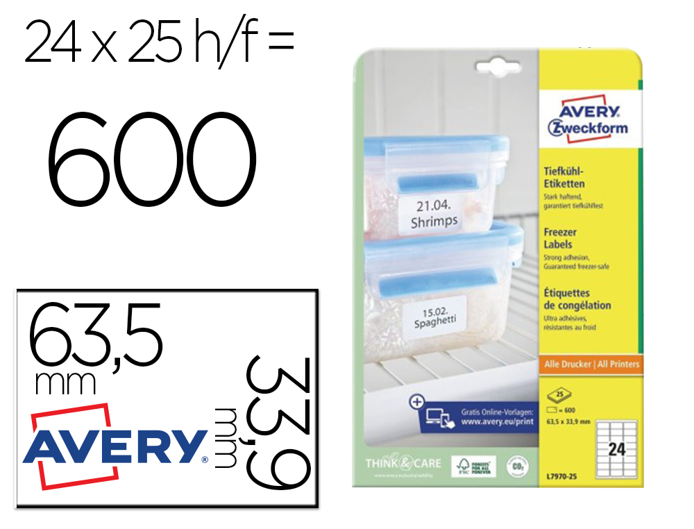 ETIQUETA ADHESIVA AVERY PARA CONGELADOR BLANCA 63,5X33,9 MM INK-JET LASER Y FOTOCOPIADORA PACK DE 600