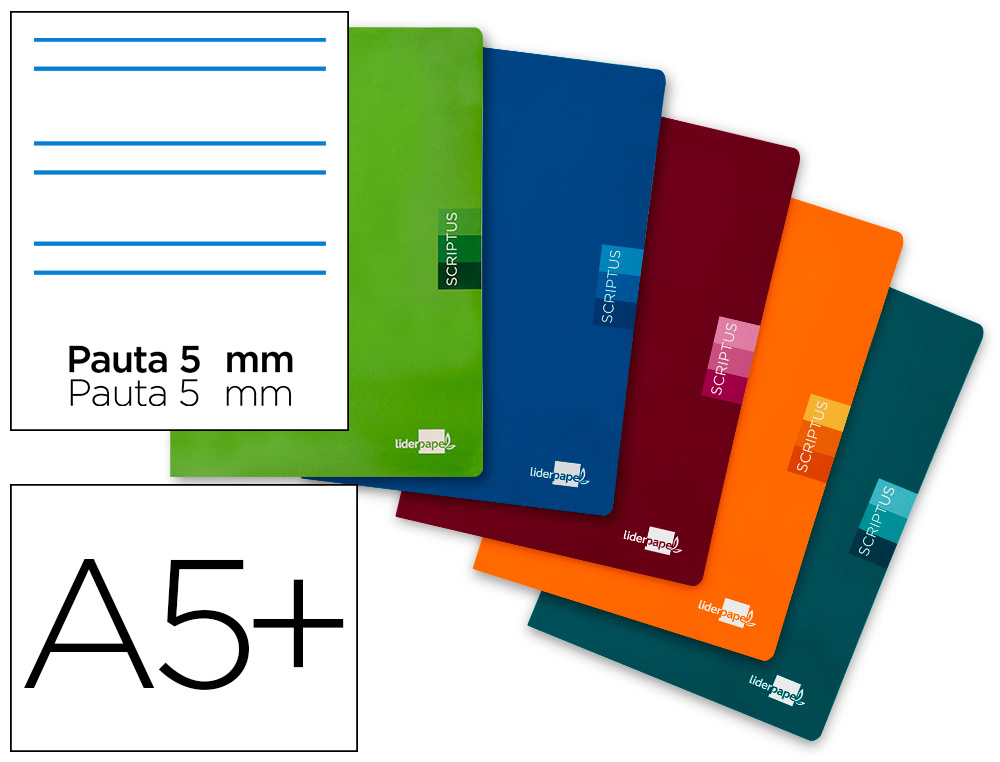 LIBRETA LIDERPAPEL SCRIPTUS A5 PLUS 48 HOJAS 90G/M2 RAYADO MONTESSORI 5MM CON MARGEN COLORES SURTIDOS