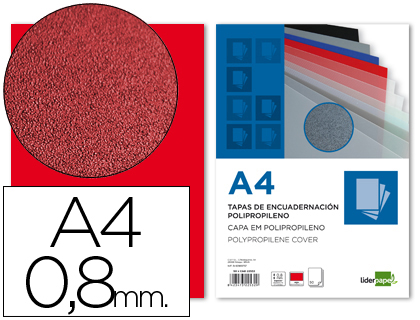 TAPA ENCUADERNACION LIDERPAPEL POLIPROPILENO A4 0.8MM ROJO OPACO PAQUETE DE 50UNIDADES