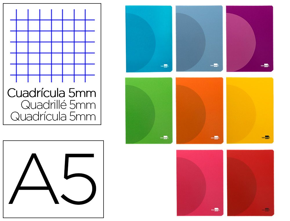 LIBRETA LIDERPAPEL 360 TAPA DE PLASTICO A5 48 HOJAS 90G/M2 5MM CON DOBLE MARGEN COLORES SURTIDOS