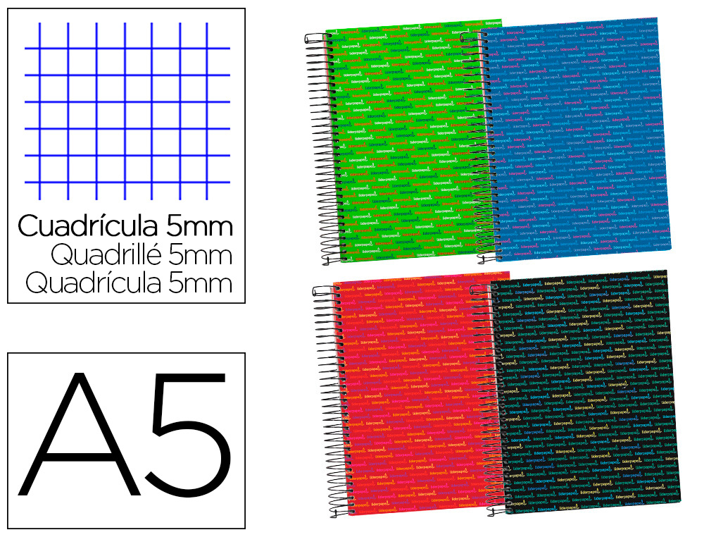 CUADERNO ESPIRAL LIDERPAPEL A5 MICRO MULTILIDER TAPA FORRADA 140H 80 GR CUADRO 5MM 5 BANDAS 6 TALADROS COLORES SURTIDODO