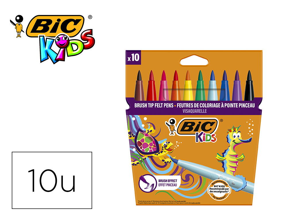 ROTULADOR BIC KIDS VISAQUARELLE ESTUCHE DE 10 COLORES PUNTA PINCEL TINTA BASE DE AGUA