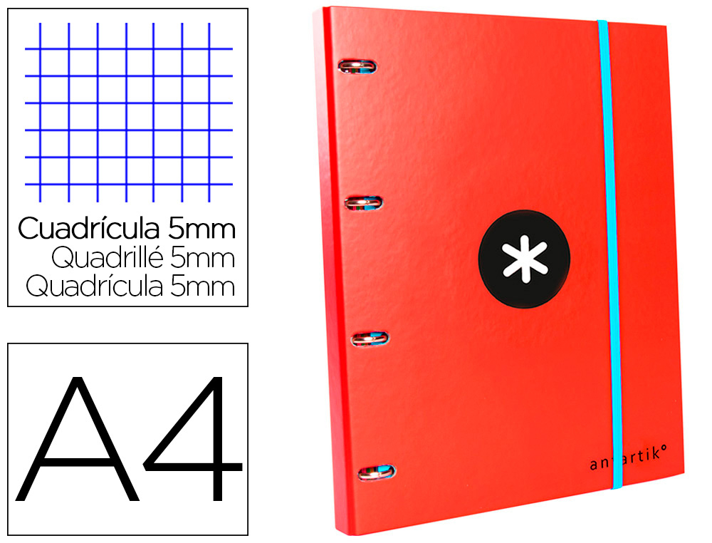 CARPETA CON RECAMBIO LIDERPAPEL ANTARTIK A4 CUADRO 5 MM FORRADA 4 ANILLAS 25MM REDONDAS COLOR ROJO