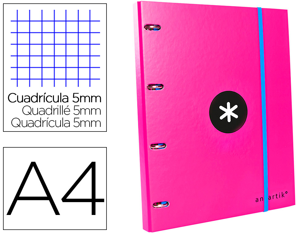 CARPETA CON RECAMBIO LIDERPAPEL ANTARTIK A4 CUADRO 5 MM FORRADA 4 ANILLAS 25MM REDONDAS COLOR ROSA