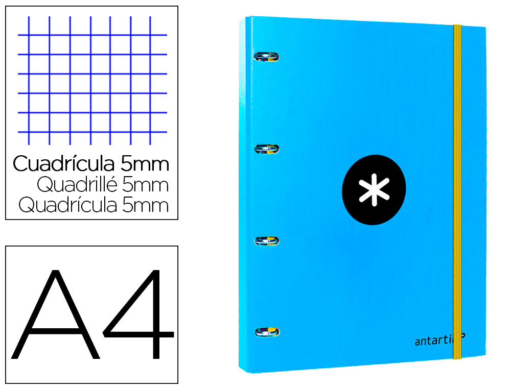 CARPETA CON RECAMBIO LIDERPAPEL ANTARTIK A4 CUADRO 5 MM FORRADA 4 ANILLAS 25MM REDONDAS COLOR AZUL