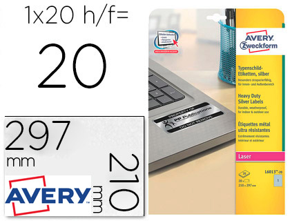 ETIQUETA ADHESIVA RESISTENTE AVERY POLIESTER PLATA 7 MM 210X297 MM LASER PACK DE 20 UNIDADES