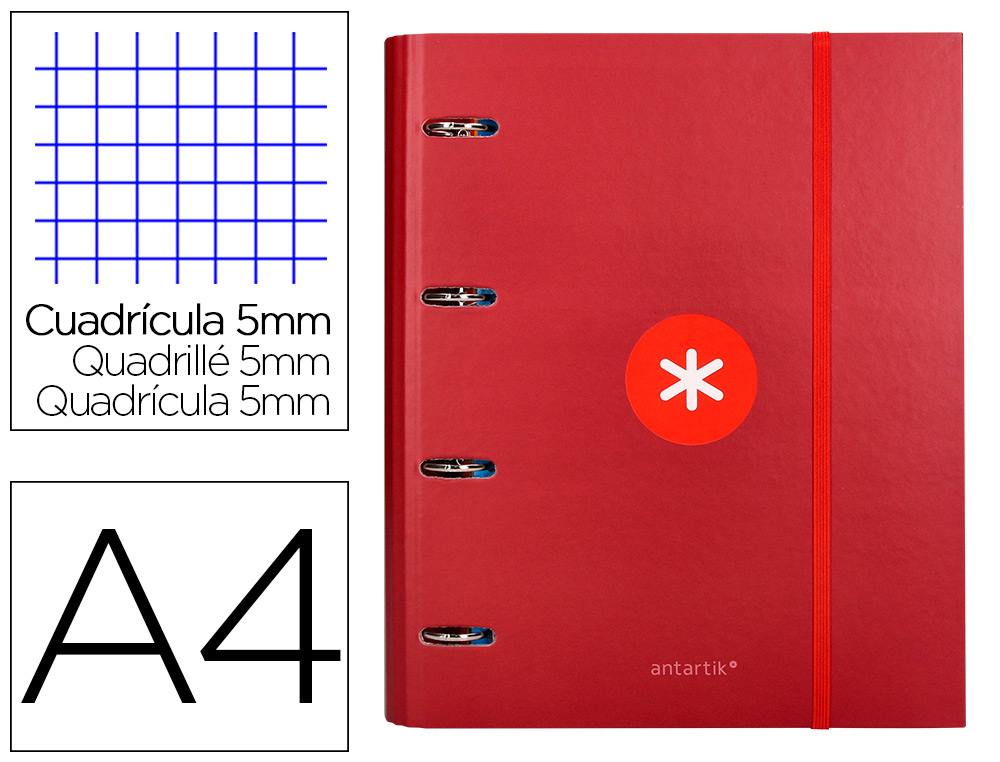 CARPETA CON RECAMBIO LIDERPAPEL ANTARTIK A4 CUADRO 5 MM FORRADA 4 ANILLAS 40MM REDONDAS COLOR FRAMBUESA