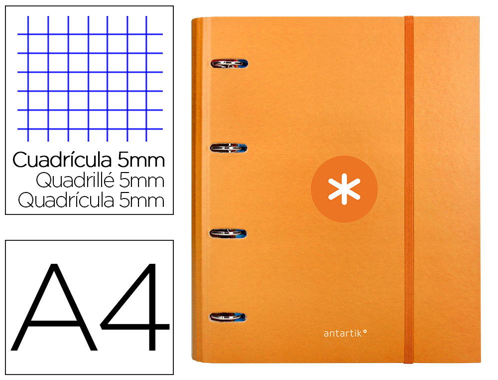 CARPETA CON RECAMBIO LIDERPAPEL ANTARTIK A4 CUADRO 5 MM FORRADA 4 ANILLAS 40MM REDONDAS COLOR MOSTAZA