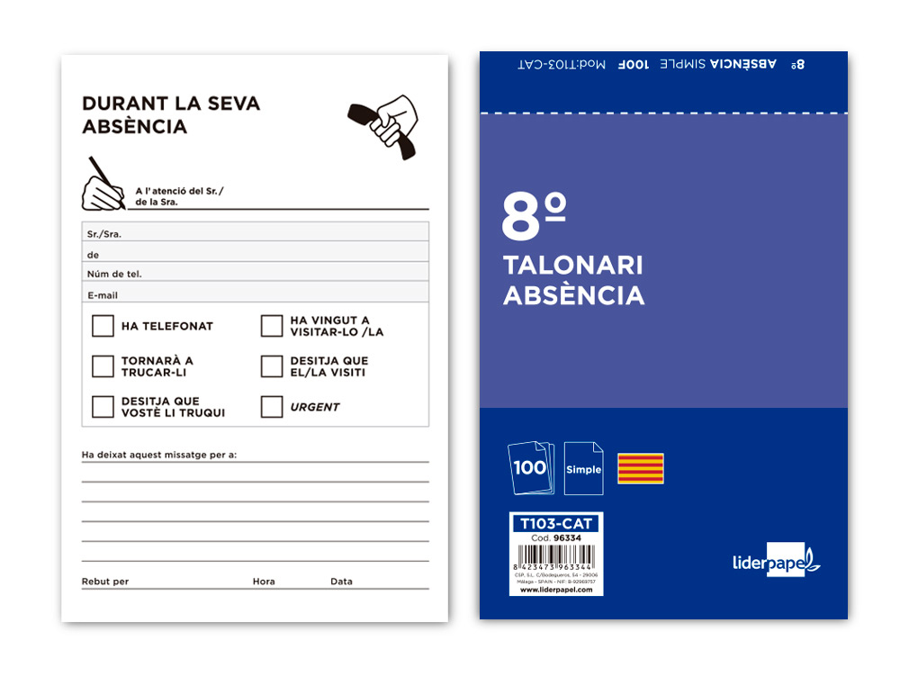 TALONARIO LIDERPAPEL AUSENTES 8 ORIGINAL T103 TEXTO EN CATALAN