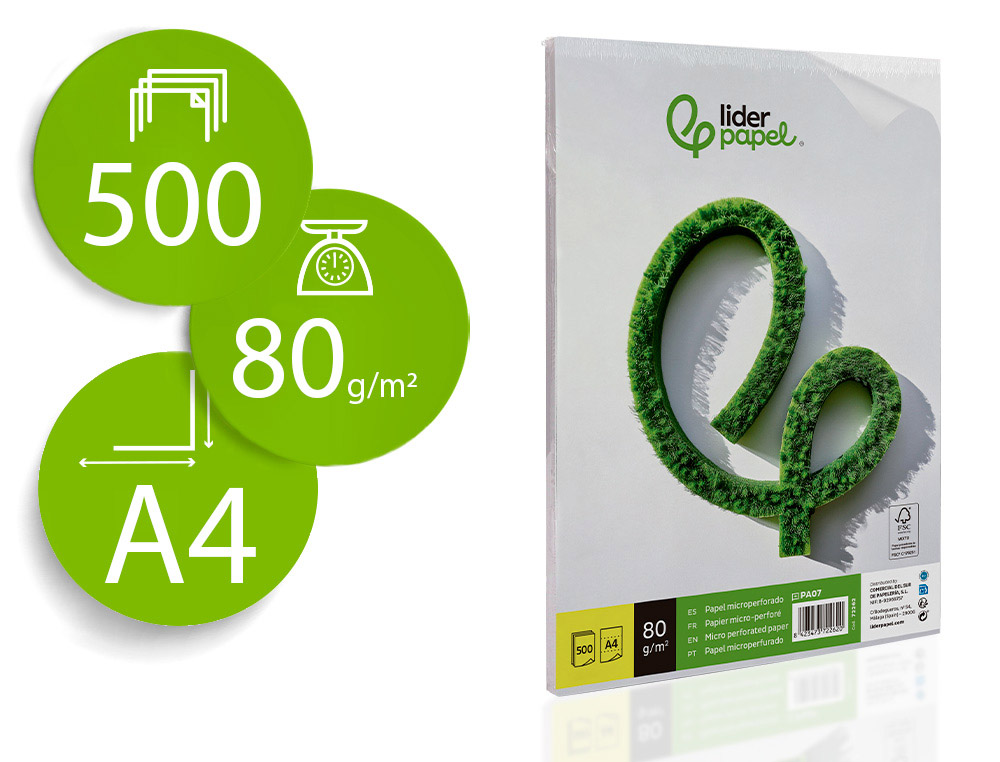 PAPEL LIDERPAPEL A4 80G/M2 LISO MICROPERFORADO EN TRES PARTES IGUALES PAQUETE DE 500 HOJAS